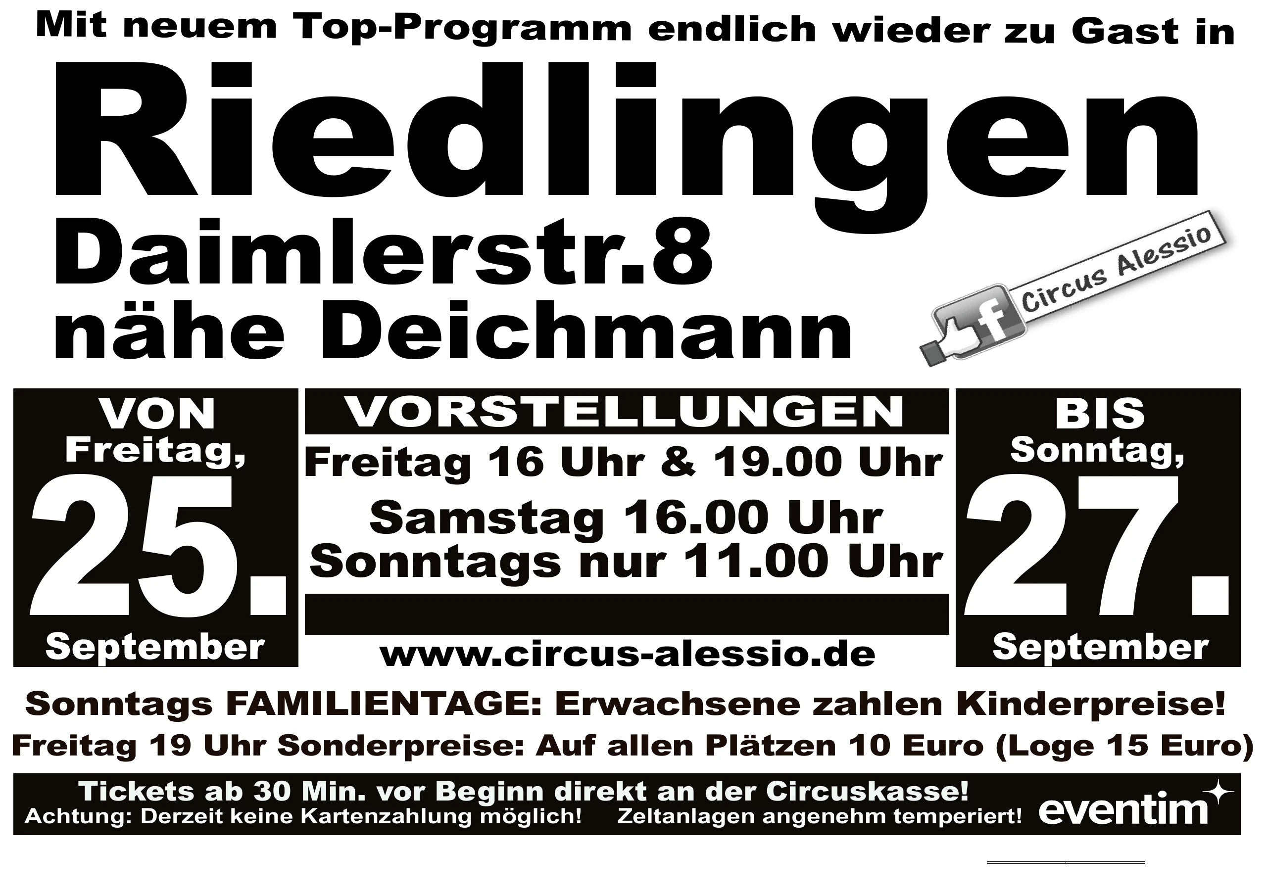 Plakat zum Gastspiel des Circus Alessio in Riedlingen, Daimlerstr. 8 nähe Deichmann, Freitag 25. bis Sonntag 27. September 2026
